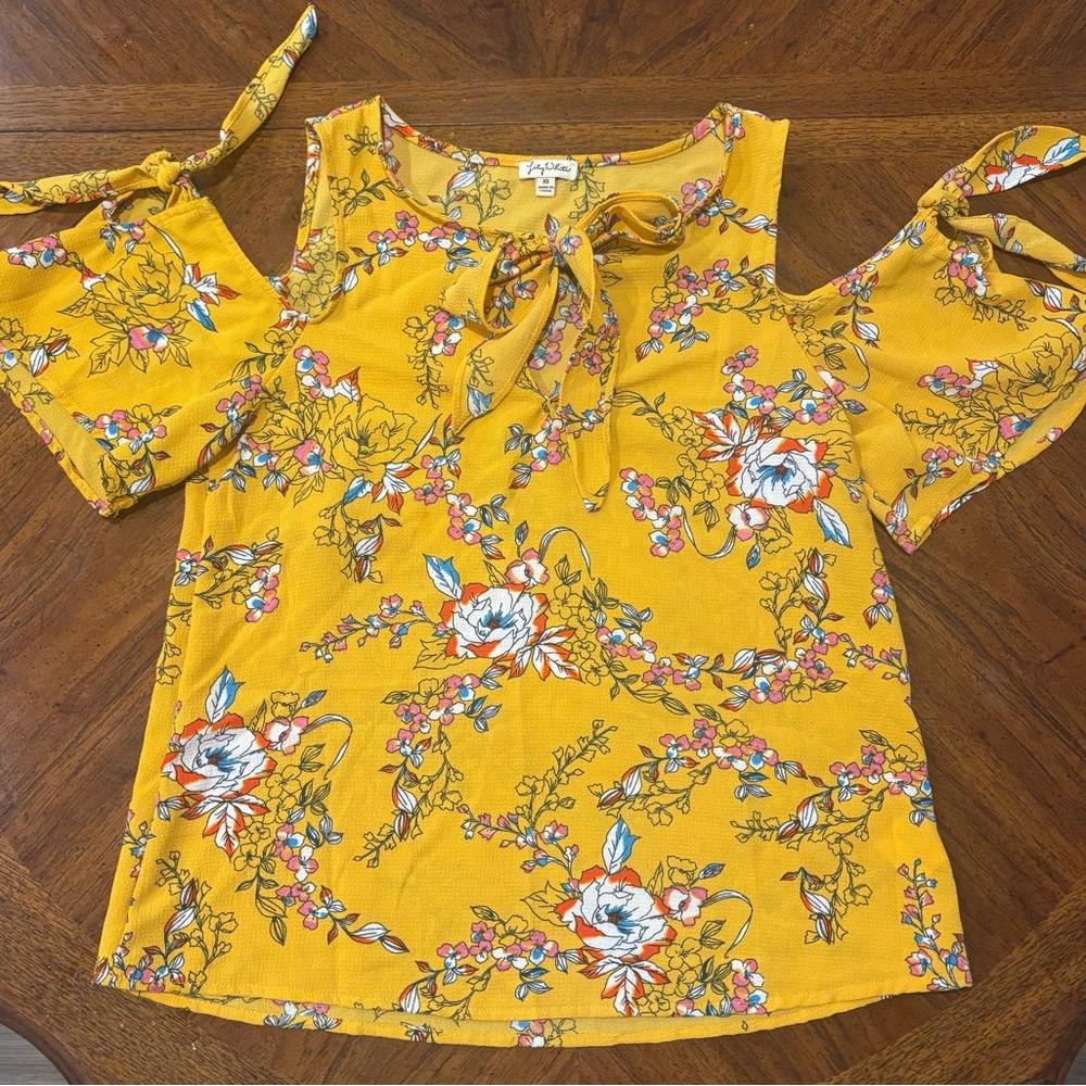 Lily White Mustard Floral Cold Shoulder Blouse